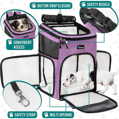 Airline Approved Dog Backpack Carrier for Small & Large Pets – Ventilated Soft Sided Travel Bag for Hiking, Camping, and Adventures (Max 18 Lbs) - Stylish Purple Design
