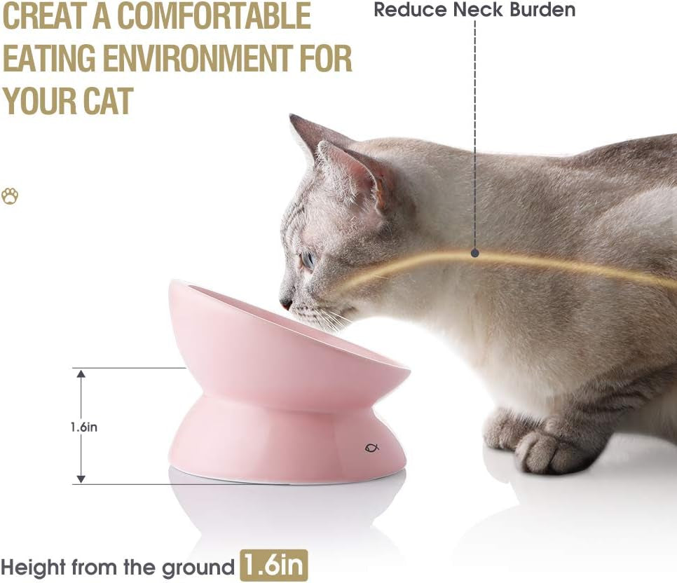 Elevated Pink Ceramic Cat Bowls - Slanted Design for Stress-Free Eating & Backflow Prevention